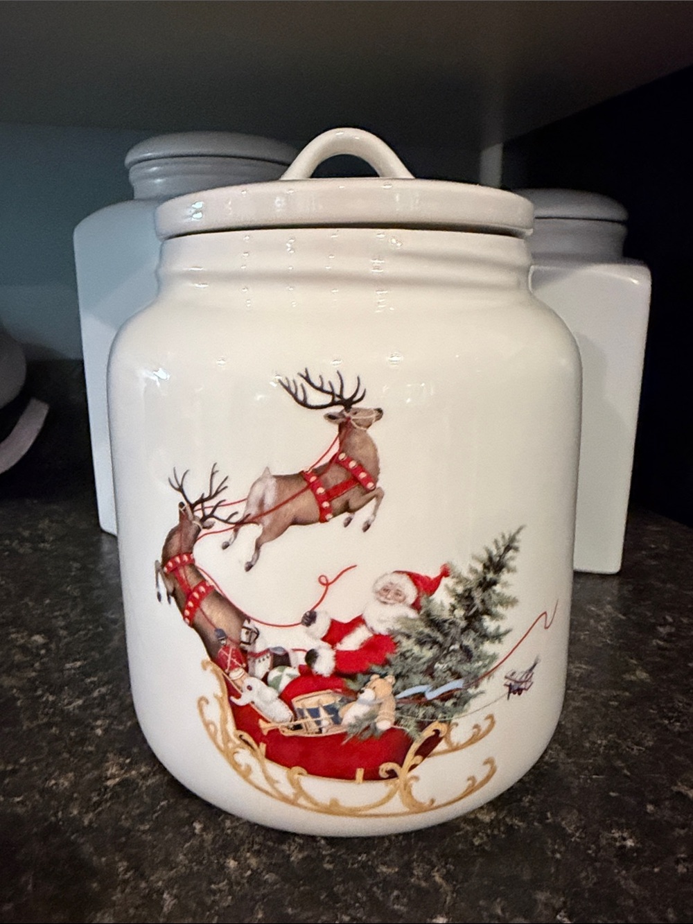 Creative Co-Op White Ceramic Santa & Reindeer Cookie Jar